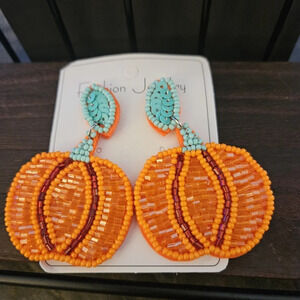 Beaded Fall Pumpkin Earrings Pierced Dangle. Boutique